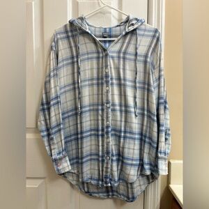 American Eagle Blue White Plaid Flannel Button Down Hood Distressed XS *HOLE